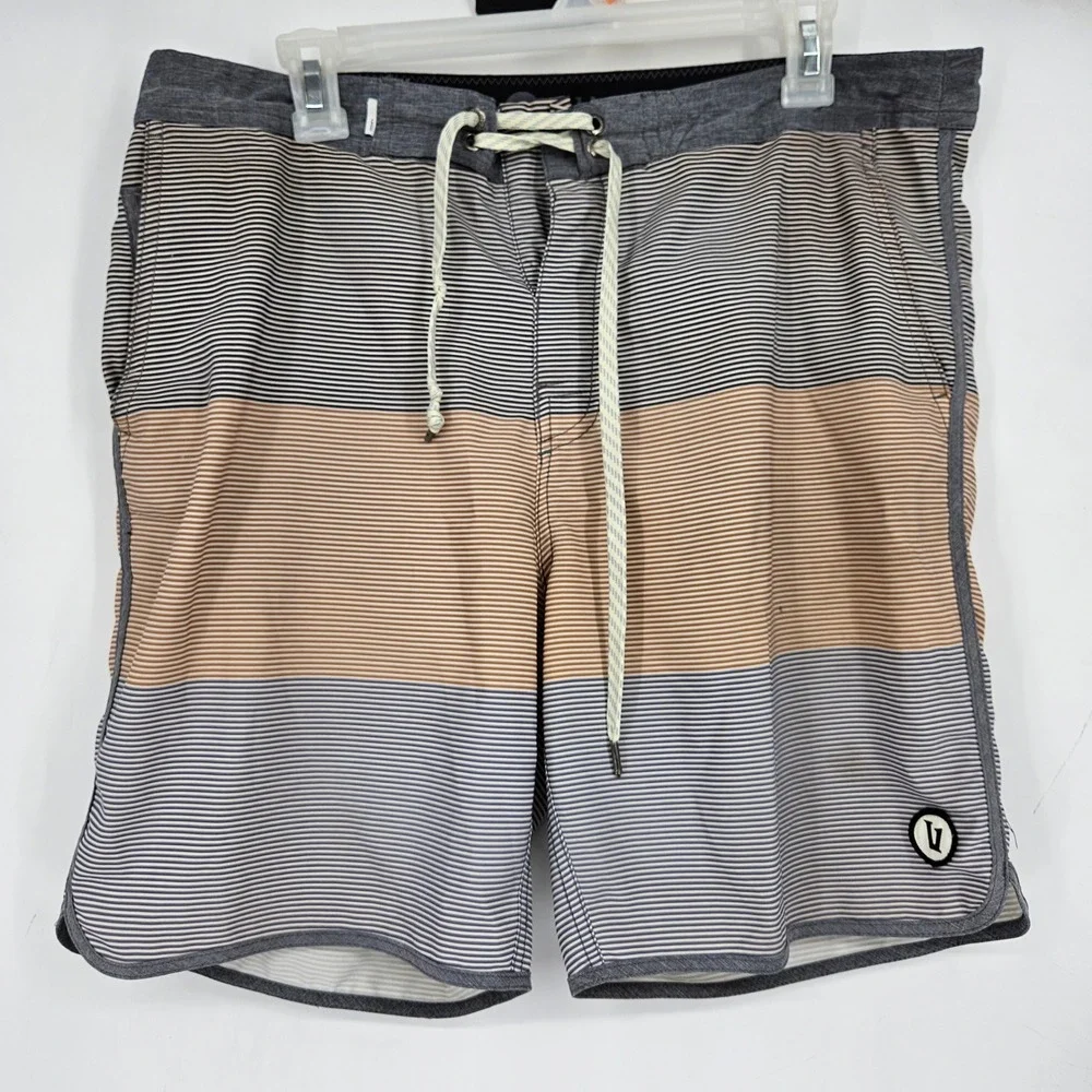 Vuori Men's Striped Athletic Shorts in Gray and Tan